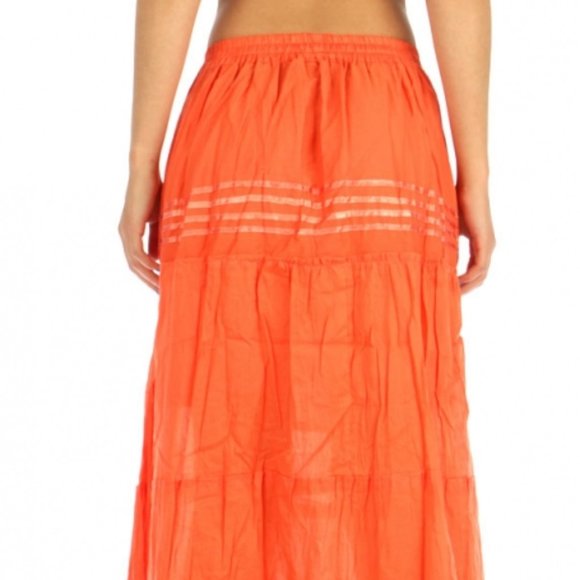 HIGHNESS NYC Women OS Beach Breeze Cotton Solid Orange Ruffle Maxi Skirt - Picture 11 of 12